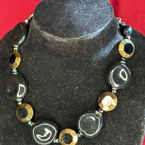 Unique Retro Vintage Black & Goldtone Beaded Necklace!